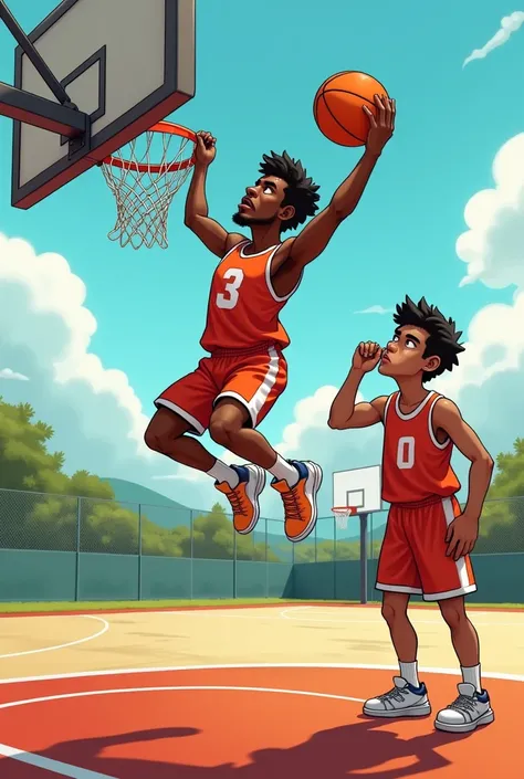  The basketball player is jumping to score a goal and , Hes stretching his arms .  the man next to him is putting his face on his armpit and smelling his armpit.