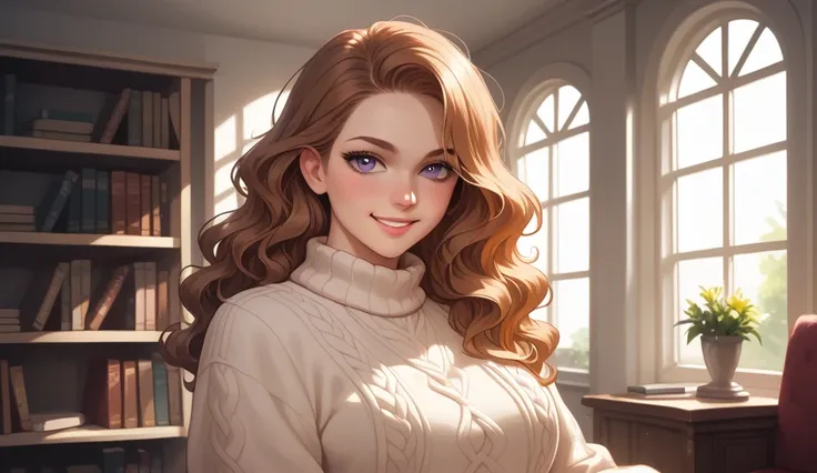 A half-body portrait of a woman with short, wavy hair, her expression reassuring and warm, with a soft smile and a calm, confident gaze directed at the viewer, her arms gently crossed in front of her, wearing a cozy sweater in pastel tones, standing in a s...