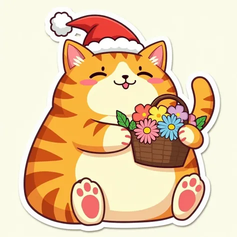 Cute cartoon japanese kawaii Fat cat brown striped gourami (orange and white and brown striped), Sticker style, smile face, wear red santa hat, sit and Hold Flower Basket , ,light background