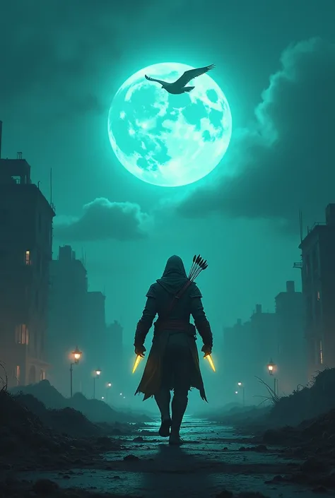 Inspired by the Assassins Creed saga, the image shows an assassin from behind walking towards the horizon in an apocalyptic setting with a cyan moon in the sky. On his back is a quiver with arrows and in his hands are short daggers with yellow reflections....