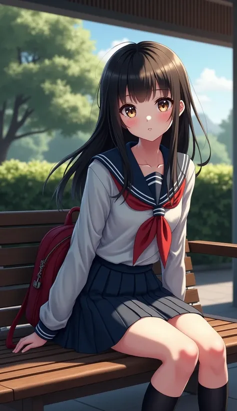 anime girl sitting on a bench with a backpack and a backpack, beautiful anime high school girl, beautiful anime girl, anime girl, attractive anime girl, pretty anime girl, young anime girl, cute anime girl, an anime girl, anime visual of a cute girl, anime...