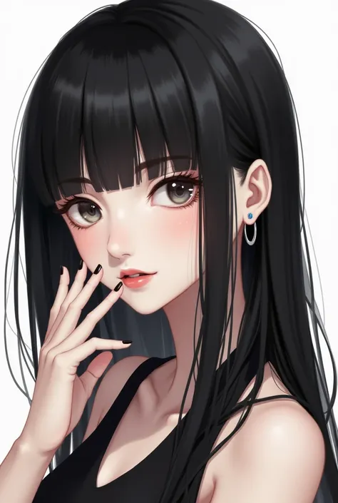 E-girl, fully body, black hair, bangs hairstyle, pale skin, high detail, highly detailed, digital painting, blank background, black fingernails on fingers, black lipstick