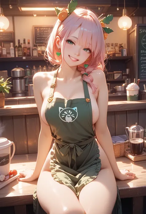 Perfect face, perfect anatomy, best quality, young woman 26 years old, pleasant and friendly, sitting at a booth in a coffee shop, bottomless under her apron, playful naughty smile, perfect! Thank you! *smiles lovingly at you*, *I sit down with you and loo...