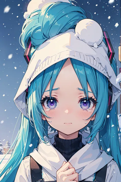 portrait. beautiful girl with blue hair and purple eyes. hair cover forehead. tears on eyes,Shining eyes,tears, . Snowing in background. Hatsune Miku, 