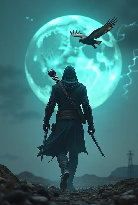 
Inspired by the Assassins Creed saga, the image shows an assassin from behind walking towards the horizon in an apocalyptic setting with a cyan moon in the sky. On his back is a quiver with arrows and in his hands are short daggers with lightning reflecti...