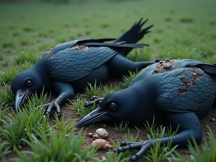 The remains of two crows lay rotting on the grass.