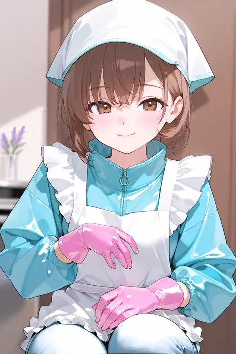   girl , ((Wear gloves)), ((lavender latex gloves)), ( crouching ), ( adjustable gloves  ), (  apron), (Wearing denim), (  Long Sleeve  ), smile,   brown eyes, (Im putting one hand on my lap)