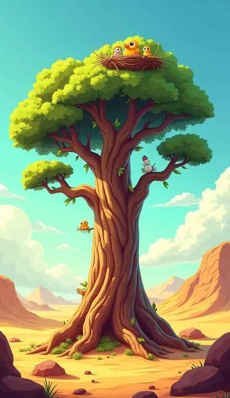 
A cartoon large,old tree with a nest at the top,in the sunny desert