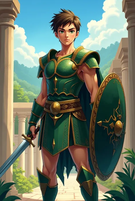 A warrior from ancient Greece, Young, ancient Greek green armor ,  anime style , Ancient Greece scenery,  holding a sword and shield.