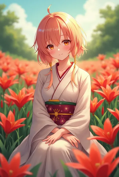 A cute adorable woman wearing a kimono with salmon-colored hair with soft yellow highlights, a white skin smiling with flushed cheeks while sitting in a spider lily field anime