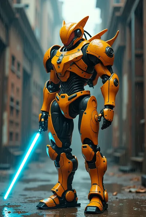  A metallic warrior colored orange with yellow,  style o from the movie Chapie ,  a blue Jedi sword , Old iron set , Light rain, vibrant colors.