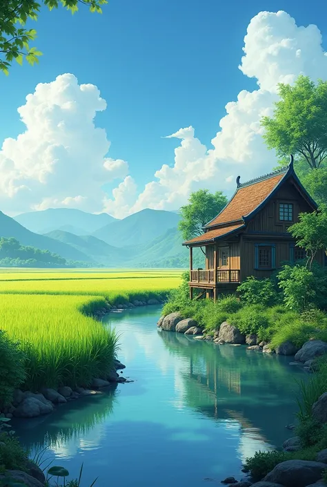 House on the edge of the rice paddies in front of the river