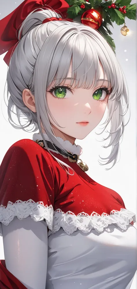 Ultra high resolution, rich colors, perfect image, best quality, detailed image, beautiful woman, glowing skin, skin and clothing texture, delicate eyes, white background, Santa costume, breasts, (((silver hair wavy short hair ponytail))), green eyes