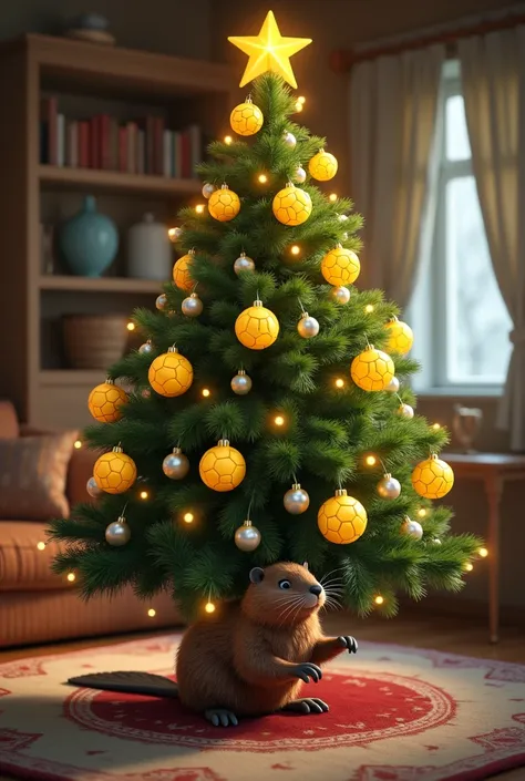 Christmas tree with yellow futsal balls and a beaver