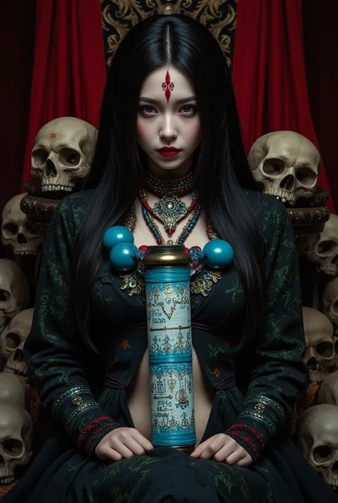 A highly detailed digital artwork features a mysterious figure with long, straight black hair and piercing red eyes, decked out with tribal-like red markings on the forehead. The character is chilling in a dark, gothic robe with green and blue accents, sur...