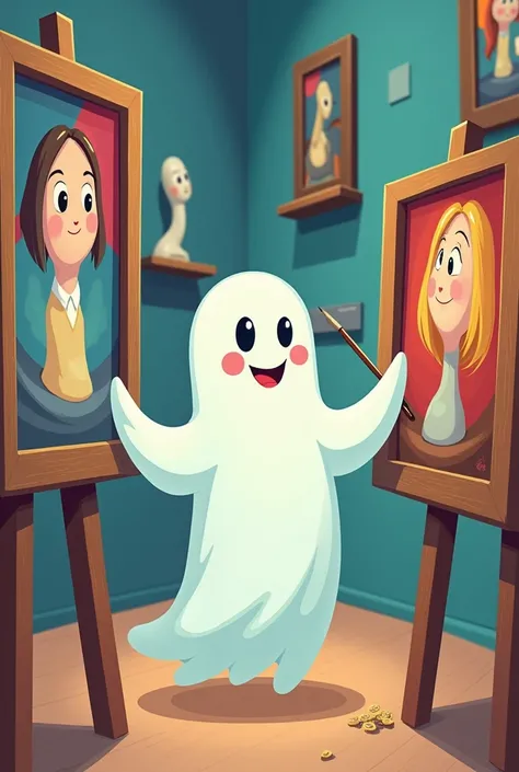 A good ghost among paintings and sculptures.  cartoon drawing.