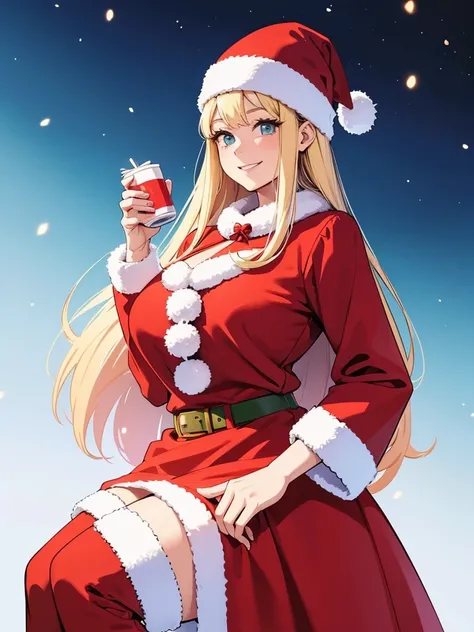 Illustration of a tall adult woman in a very cute Santa outfit smiling