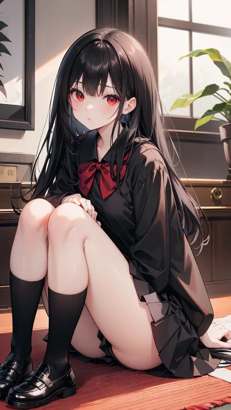  long black straight hair , Japanese school uniform,  Short black skirt ， black knee-high socks ， Black Leather Shoes ， red eyes ，Get down on one knee，HEALTHY SKIN , indoor, shrine，Bright natural lighting , Warm and soft atmosphere, Side Angle, Moderate de...