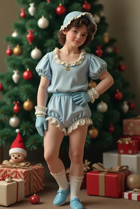 Real photo, full figure. Under a Big Christmas tree among presents and vintage toys a male adult masculine man 21 years old handsome man brown wavy hair wearslittle baby two-piece of puff-sleeved waist-length top and tight short thickly padded bloomers in ...