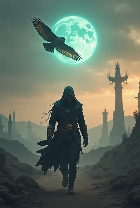 
In a photo inspired by the Assassins Creed saga, an assassin walks towards the horizon in an apocalyptic setting with a cyan moon in the sky. In front of him is a wild Eurasian eagle owl flying in the sky.