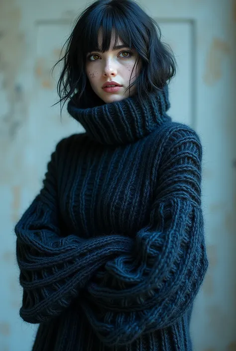 Full body portrait、 Multi Color Knitting、Mohair sweater 、 knitting pattern 、Knitting Configurations 、 Intricate Knitting Patterns  , Cyberpunk Costume ,  very detailed,Emo Girl 、 black and blue color knitting、