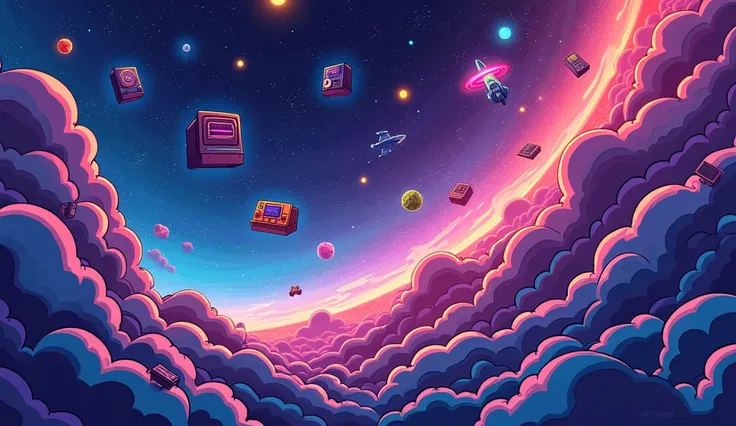 A vibrant cosmic scenes depicting the growth of gaming: a glowing galaxy filled with floating retro gaming consoles, futuristic joysticks, and iconic arcade game imagery (like pixelated spaceships and glowing stars). The composition emphasizes the timeless...