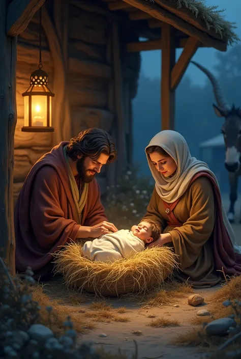 Make a scenario of the birth of Jesus Christ under a stable.
