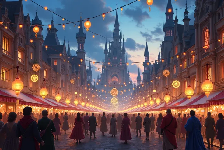 The main square of a fantasy city and people who will blow the festival in front of the lanterns late in the evening 