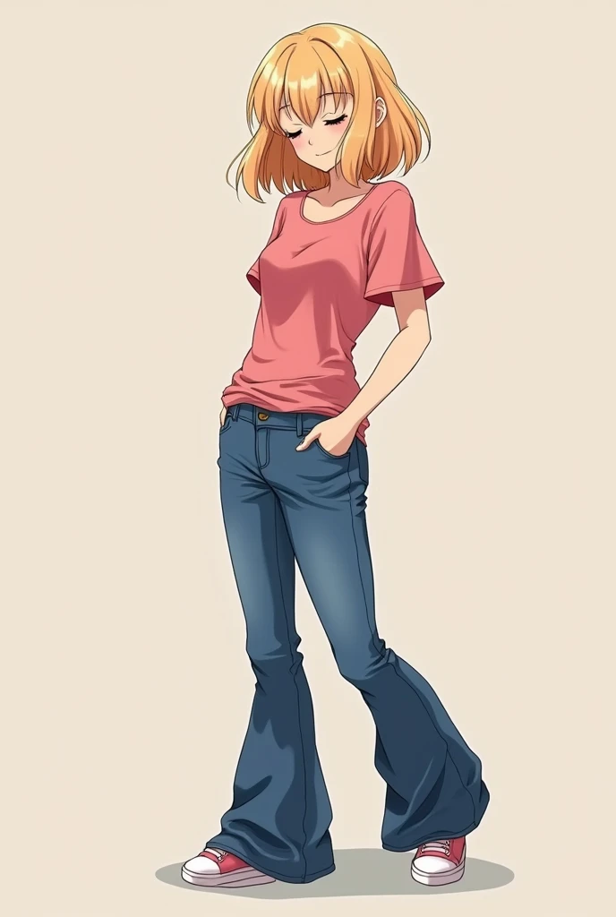  poses in her underwear , She is blonde, half-haired .  He has a wide pink boat-cut t-shirt and short sleeves and bootleg flare jeans. The girl looks at her pants pockets. looking down. look at the ground.  full body hair drill.  anime style 