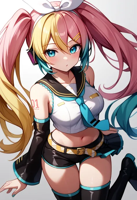 score_9, score_8_up, score_7_up,score_6_up, score_5_up, score_4_up , 1girl, solo, ((SPLIT-COLOR HAIR)), ((blonde hair)), ((aqua hair)), ((pink hair)), large breasts, luka megurine, blue eyes, headphones, long hair, pink hair, arm warmers, armband, bare sho...