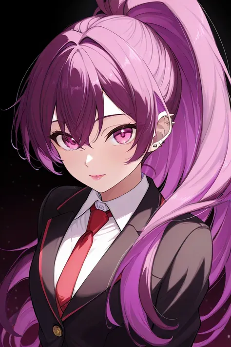 anime girl with big pink lips with a side part and purple hair, hair in a big ponytail, pink eyes, wearing white shirt with buttons with black blazer and red tie, ear piercings