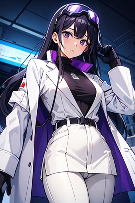 a sexy girl in a white lab coat and a purple sweater inside. wearing ski goggles and has black hair. Has white pants. Has black eyes. The inside of her lab coat looks like a galaxy.