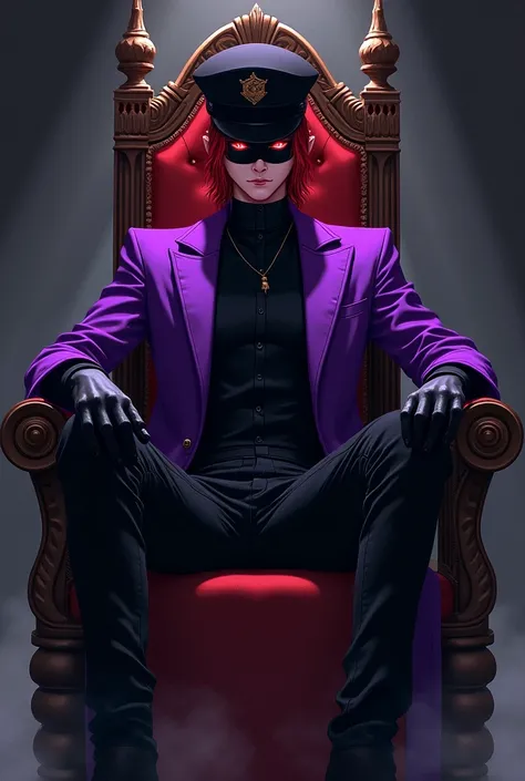 Manhwa, boy, red hair, red eyes, black pupil, purple jacket, tall black pants, black cap, sitting on a throne, on the dark, black mask 