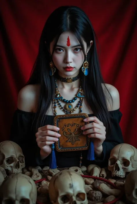 Subject: A mysterious woman with a pale complexion and long black hair, holding a talisman with cryptic symbols.

Details: The woman is adorned with intricate jewelry featuring beads, tassels, and gemstones, including large blue earrings. Her face has a re...