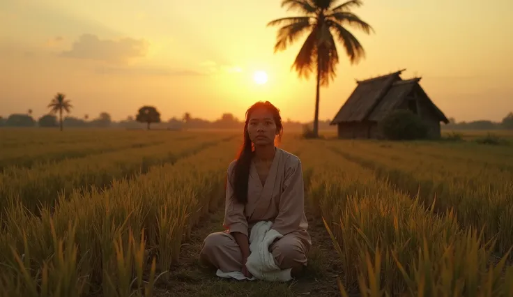 "A young Isan woman in traditional dress sits in the middle of a withered rice field in the evening. She looks gloomy, holding a small white towel close to her chest. In the distance, there is a lone palm tree and an old, deserted bamboo hut. The horizon i...