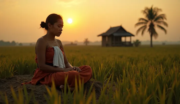 "A young Isan woman in traditional dress sits in the middle of a withered rice field in the evening. She looks gloomy, holding a small white towel close to her chest. In the distance, there is a lone palm tree and an old, deserted bamboo hut. The horizon i...