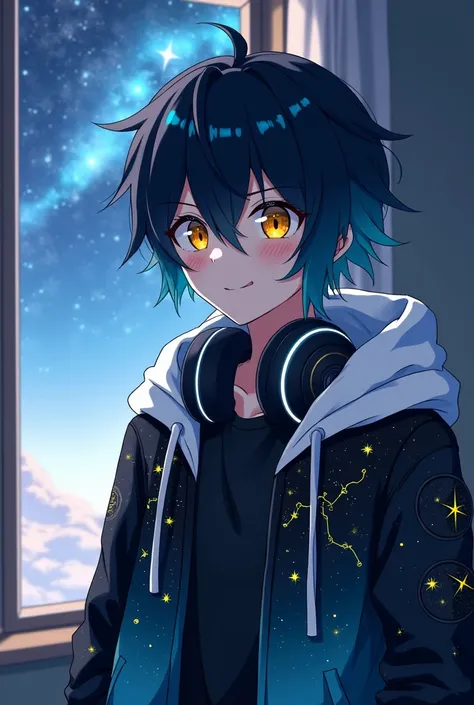 anime guy with yellow eyes ,  with black and azure hair and a black and azure jacket with stars in the form of a constellation with a white hood and headphones around your neck, being in an apartment and, against the background outside the window, space 