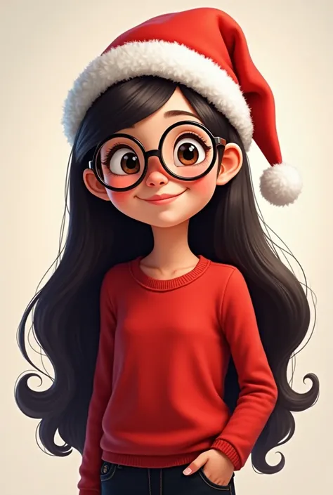 The image shows a young girl . She is wearing a red long-sleeved top and black pants. She has long dark hair and is smiling at the camera.  She wear big round spectacle. And wearing santaclose hat