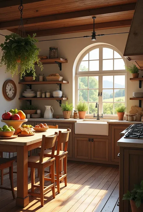 Create me an image of a beautiful country house ,  inside with a lovely country-style kitchen with lots of food on the shelves