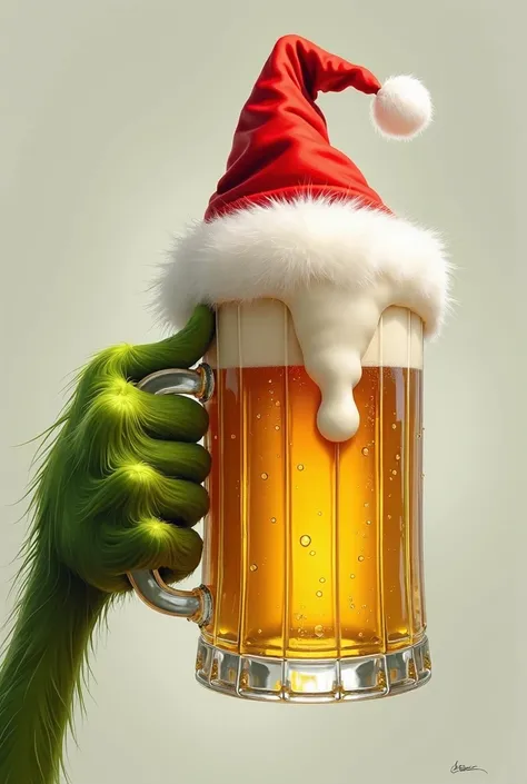 a mug filled with draft beer with a Santa Claus cap on top of the mug the mug being held by the Grinchs hand