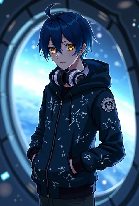 anime guy with yellow eyes ,  black azure hair and black and azure star jacket in the form of a constellation with a black hood and headphones around his neck, inside a spaceship and space in the background outside a large window