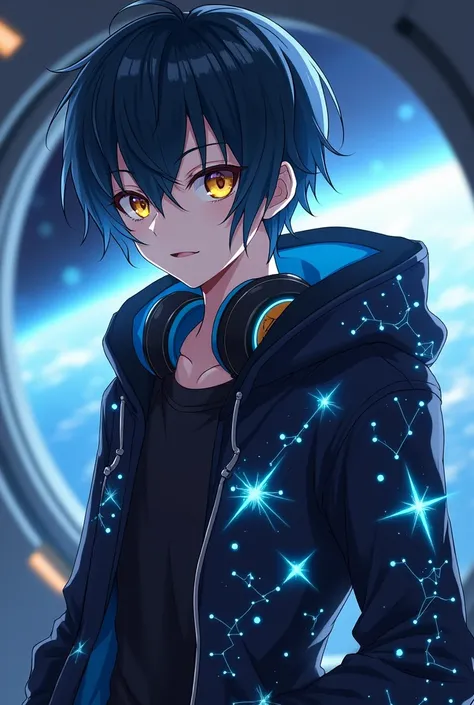 anime guy with yellow eyes ,  black azure hair and black and azure star jacket in the form of a constellation with a black hood and headphones around his neck, inside a spaceship and space in the background outside a large window