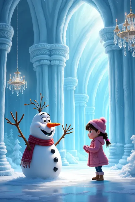 The ice palace’s grand hall with icy chandeliers. A plump, smiling snowman with a carrot nose and a scarf waves at a cheerful  with pigtails, wearing a pink winter coat and mittens, looking worried.