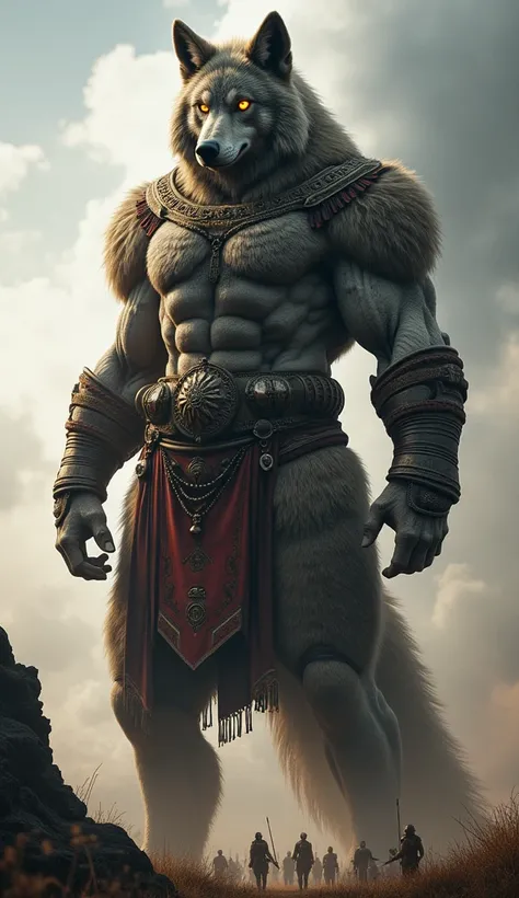 A towering anthropomorphic wolf warrior standing on a battlefield, representing Armenia as a titan. The wolf has a muscular humanoid body covered in dense fur, with sharp, glowing eyes and an intimidating aura. It wears traditional warrior attire, includin...