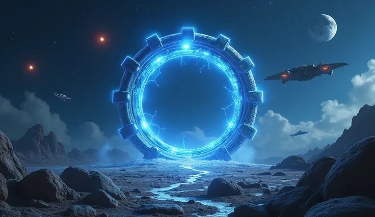 (Great definition of focus )  three-dimensional portal in the center of blue with a metallic border and lightning , on a rocky planet in space , Take from a stone  ,  in the sky there are spaceships and planets ,  orange sparks .