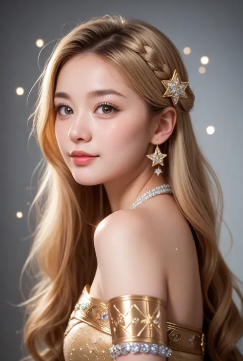 A realistic depiction of Nayuta, a friendly and approachable Japanese woman with a round face, large sparkling eyes, and flowing straight blonde hair, embodying a goddess-like aura. She is wearing an ornate celestial golden gown, adorned with intricate pat...