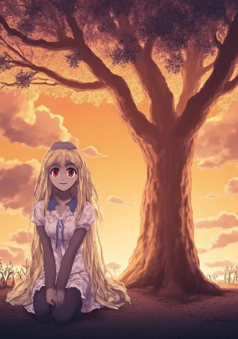 Best quality, a pretty girl with red eyes and long yellow hair, she is sitting under the tree, background sunrise, anime, 4k wallpaper 