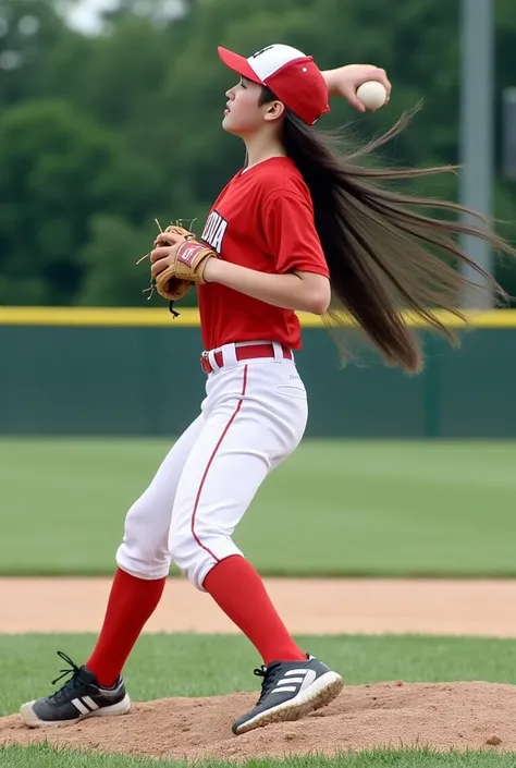 (masterpiece, best quality:1.2), a beautiful girl, Jennifer Connelly at age 16, whole body photo, she is playing baseball as an underhandet pitcher., she is just pitching with her all might., large breasts for her slender body, dymanic photo, her perkily v...