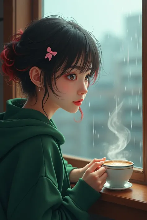 make a short haired cute and beautiful white Asian girl in a green hoodie sipping coffee in a chill rainy season, staring at her windows. add pink wendy hair clip to her red highlighted hair. 