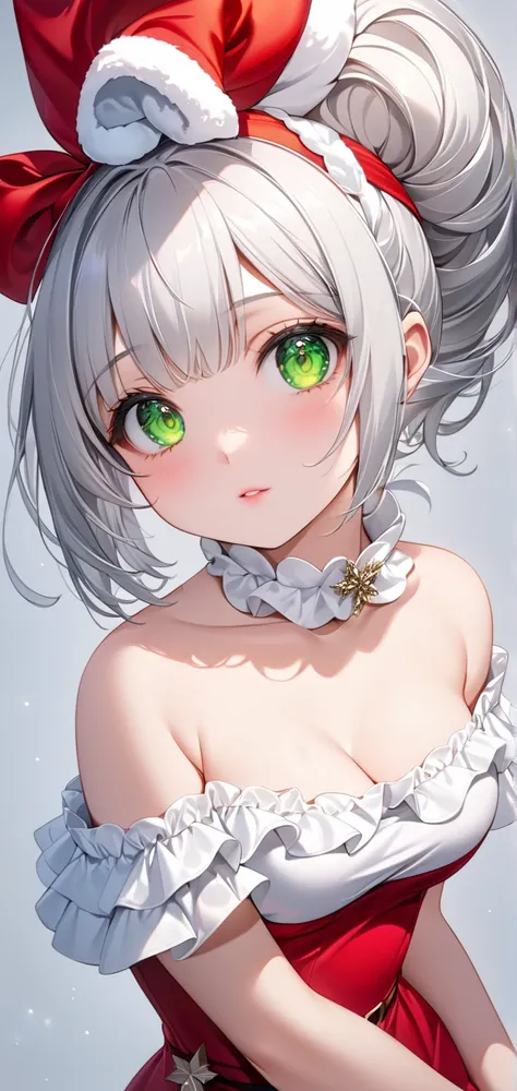 Ultra high resolution, rich colors, perfect image, best quality, detailed image, beautiful woman, glowing skin, skin and clothing texture, delicate eyes, white background, Santa costume, breasts, (((silver hair wavy short hair ponytail))), green eyes